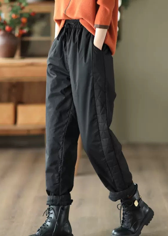 Casual Black Pockets Elastic Waist Fine Cotton Filled Pants Winter