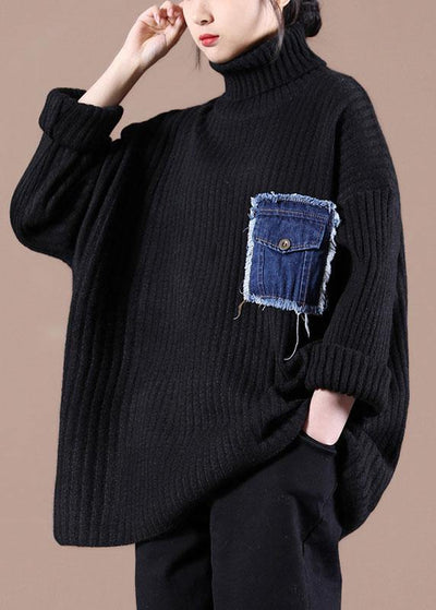 Casual Black Pockets High Neck Fall Knit Top - bagstylebliss