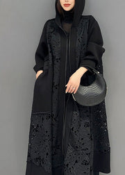 Casual Black Pockets Hollow Out Maxi Hooded Trench Coats Long Sleeve