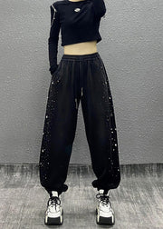 Casual Black Pockets Zircon Warm Fleece Sport Pants Fall