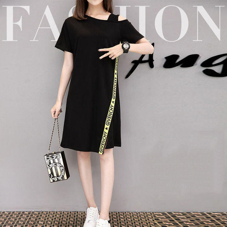 Casual Black Print Asymmetrical Design Fall Short Sleeve Dresses