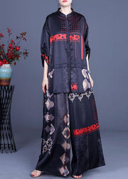 Casual Black Print Silk Low high design Wide Leg Women Two Pieces Sets - bagstylebliss