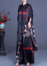 Casual Black Print Silk Low high design Wide Leg Women Two Pieces Sets - bagstylebliss