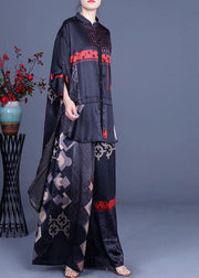 Casual Black Print Silk Low high design Wide Leg Women Two Pieces Sets - bagstylebliss