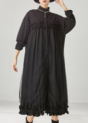 Casual Black Ruffled Patchwork Tulle Cotton Maxi Dress Spring