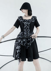 Casual Black Square Collar Ruffled Patchwork Print Pleated Dress Short Sleeve