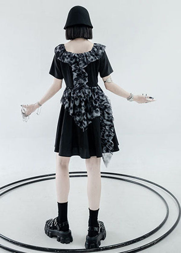 Casual Black Square Collar Ruffled Patchwork Print Pleated Dress Short Sleeve