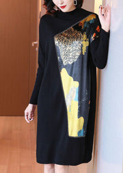 Casual Black Stand Collar Asymmetrical Patchwork Print Knit Long Sweater Winter