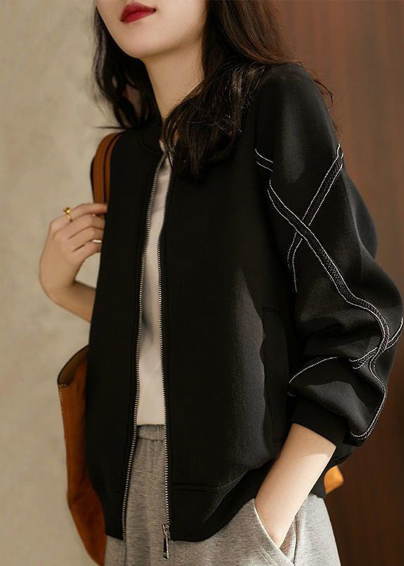 Casual Black Stand Collar Oversized Cotton Jackets Fall