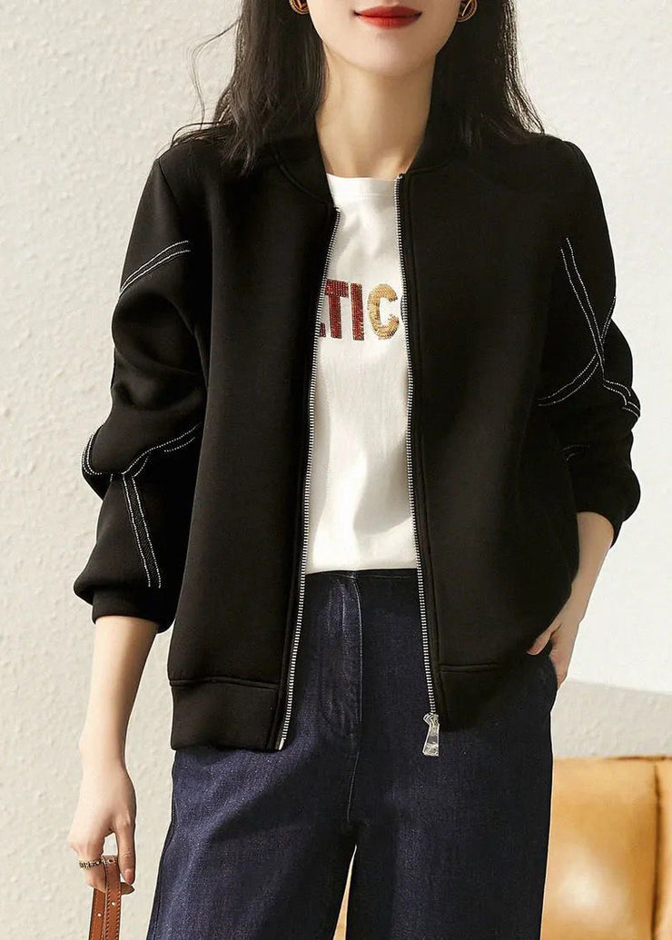 Casual Black Stand Collar Oversized Cotton Jackets Fall