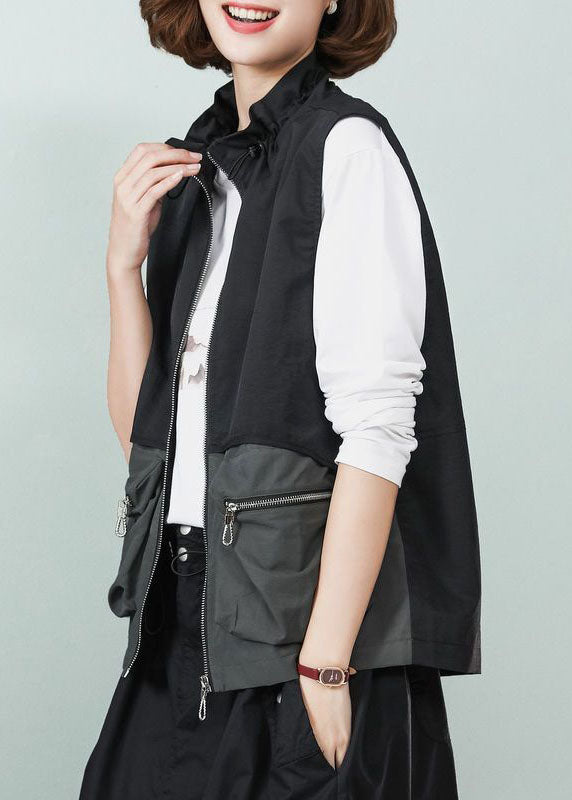 Casual Black Stand Collar Patchwork Drawstring Cotton Vest Spring