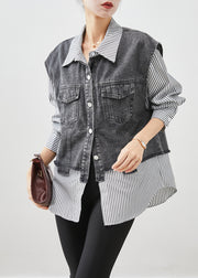 Casual Black Striped Patchwork Denim Coat Outwear Fall