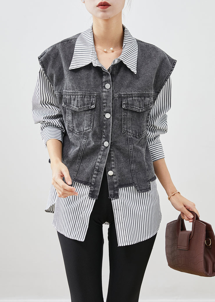 Casual Black Striped Patchwork Denim Coat Outwear Fall