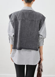 Casual Black Striped Patchwork Denim Coat Outwear Fall