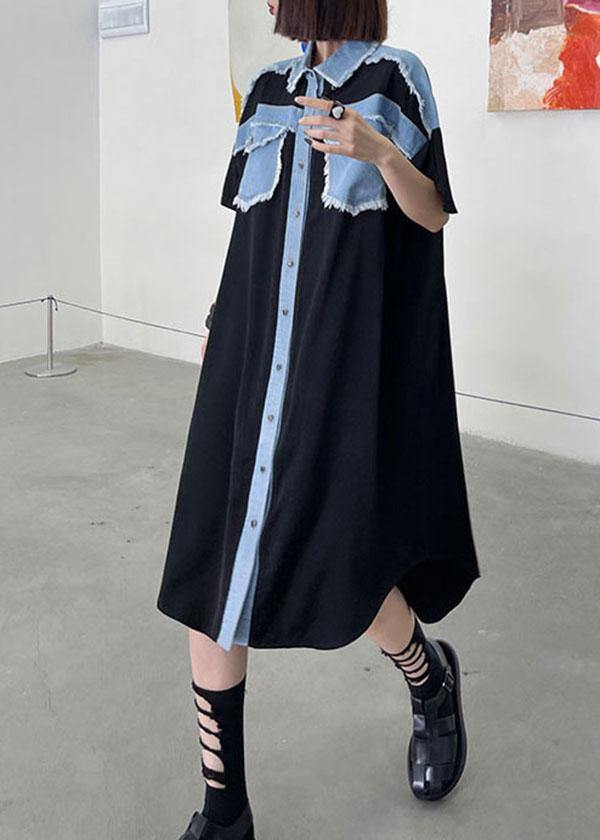 Casual Black Summer Splicingpocke Patchwork Maxi Dresses Short Sleeve Cotton - bagstylebliss