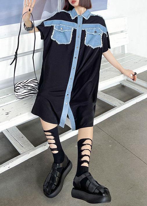 Casual Black Summer Splicingpocke Patchwork Maxi Dresses Short Sleeve Cotton - bagstylebliss