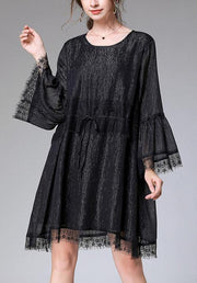 Casual Black Tie Waist Flare Sleeve Mini Summer Chiffon Dress - bagstylebliss