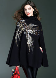 Casual Black Turtle Neck Sequins Knit Sweater Cloak Sleeves