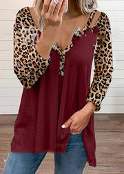 Casual Black V Neck Asymmetrical Design Patchwork Leopard Print Top Long Sleeve