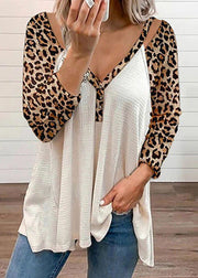 Casual Black V Neck Asymmetrical Design Patchwork Leopard Print Top Long Sleeve