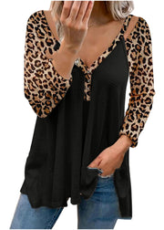 Casual Black V Neck Asymmetrical Design Patchwork Leopard Print Top Long Sleeve