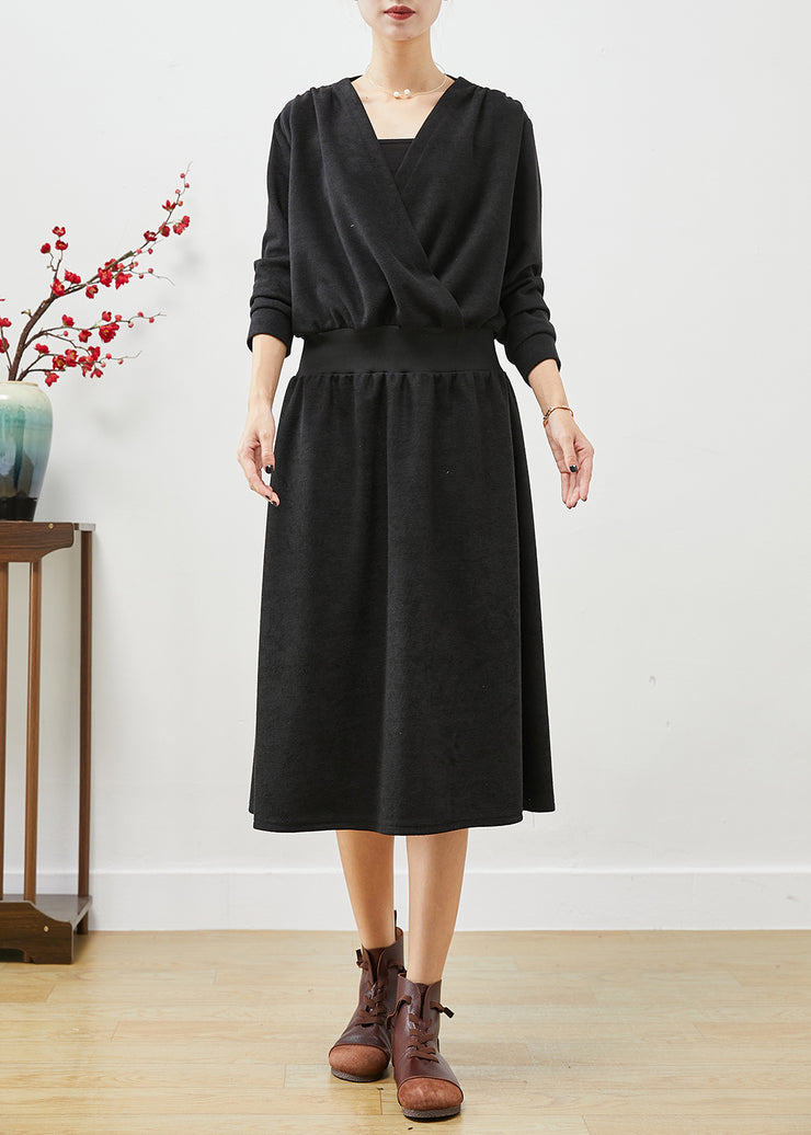 Casual Black V Neck Elastic Waist Cotton Sweatshirts Dress Fall