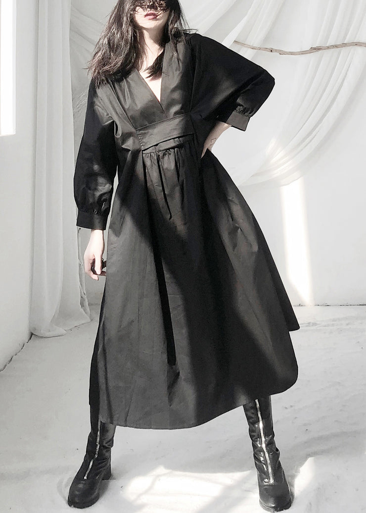 Casual Black V Neck Patchwork Wrinkled Maxi Dress Long Sleeve