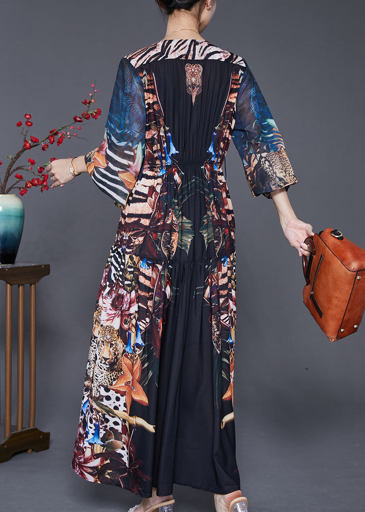 Casual Black V Neck Print Exra Large Hem Chiffon Maxi Dresses Fall