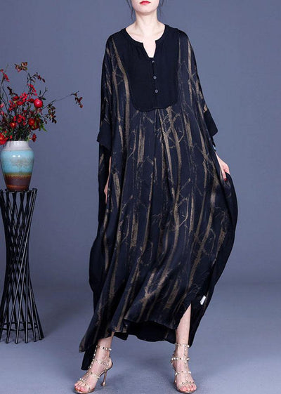 Casual Black V Neck Print Patchwork Silk Summer Dresses Batwing Sleeve - bagstylebliss