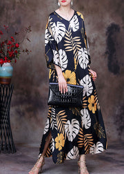 Casual Black V Neck Print Side Open Sashes Silk Vacation Long Dress Bracelet Sleeve