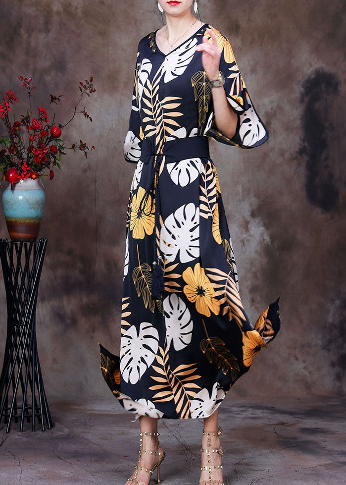 Casual Black V Neck Print Side Open Sashes Silk Vacation Long Dress Bracelet Sleeve