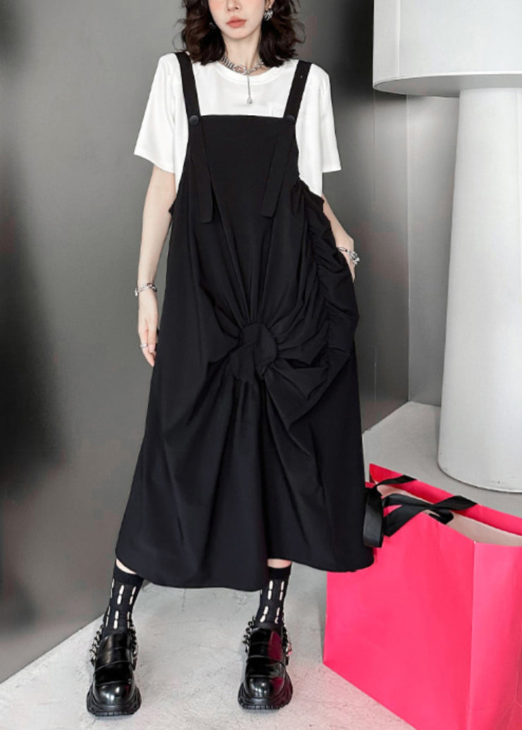 Casual Black Wrinkled Pockets Patchwork Cotton Long Dresses Sleeveless