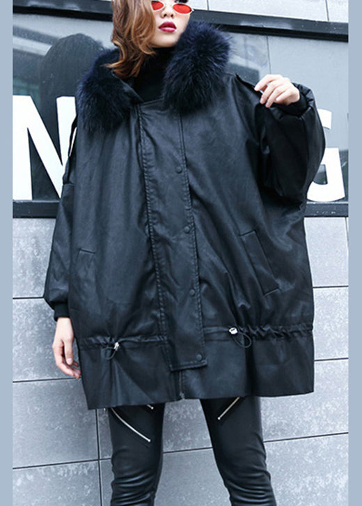 Casual Black hooded Fur collar Warm drawstring Winter Cotton PU