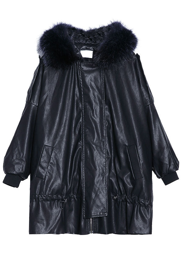 Casual Black hooded Fur collar Warm drawstring Winter Cotton PU