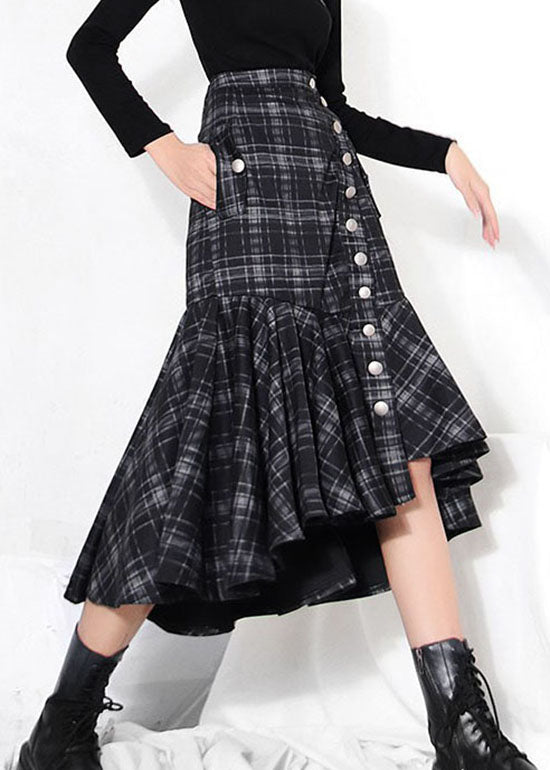 Casual Black low high design Ruffles Plaid Skirt Spring