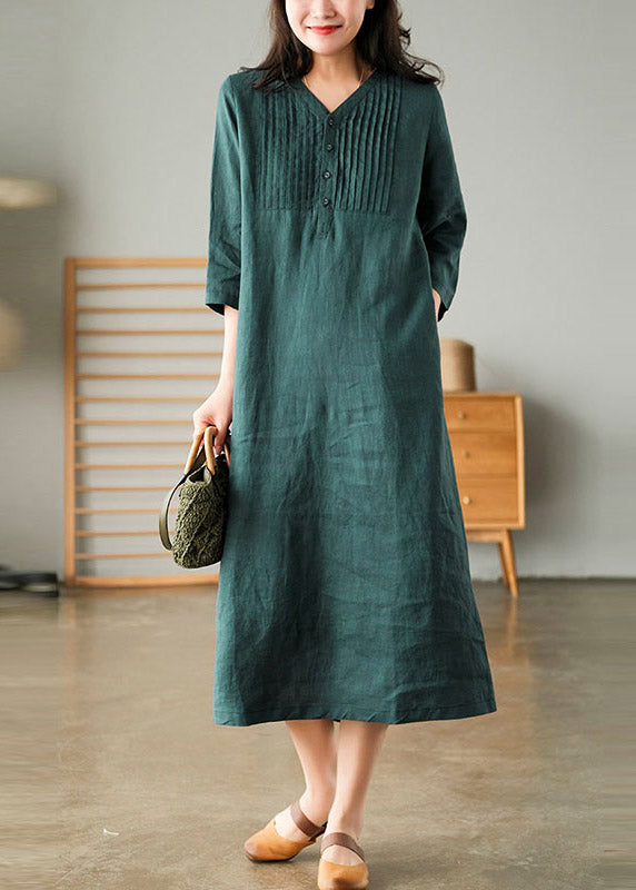 Casual Blackish Green V Neck Linen Vacation Dresses Half Sleeve