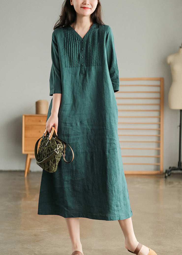 Casual Blackish Green V Neck Linen Vacation Dresses Half Sleeve