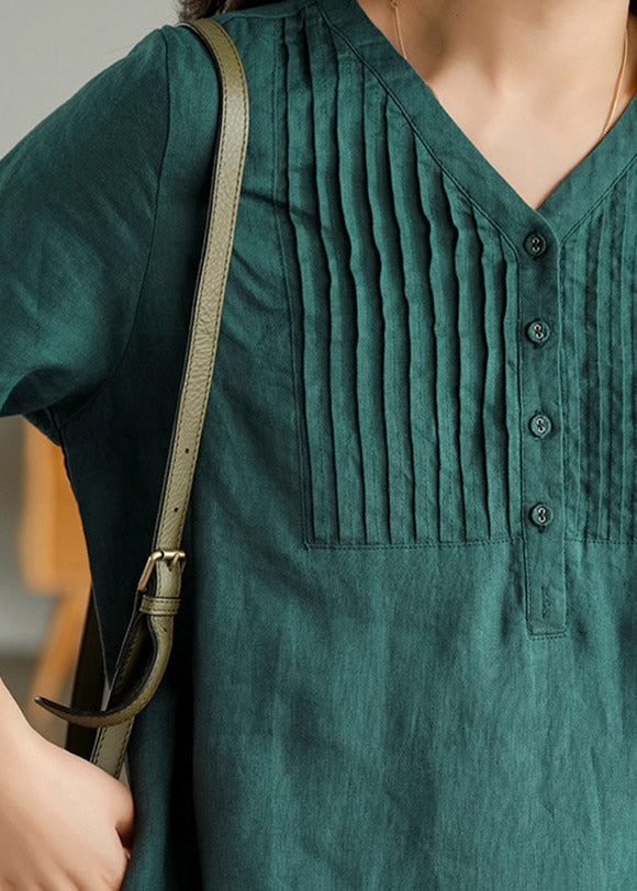 Casual Blackish Green V Neck Linen Vacation Dresses Half Sleeve