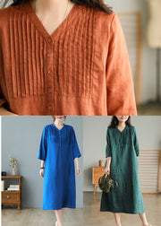 Casual Blackish Green V Neck Linen Vacation Dresses Half Sleeve