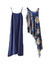 Casual Blue Asymmetrical Print Chiffon Top And Linen Spaghetti Strap Dress Two Pieces Set Summer