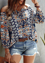 Casual Blue Cold Shoulder Print Cotton Blouse Top Long Sleeve