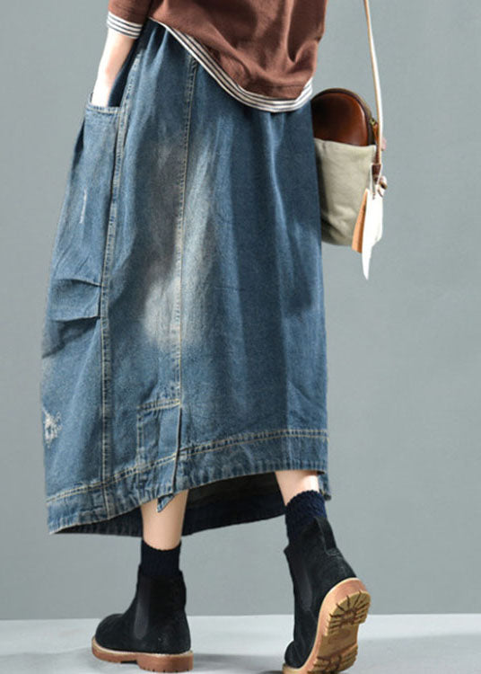 Casual Blue Elastic Waist Pockets Patchwork Fall Denim Skirt