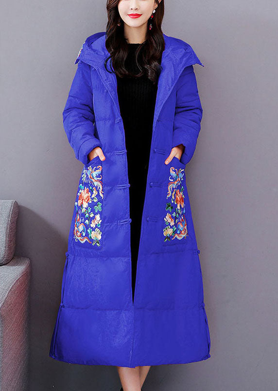 Casual Blue Embroideried hooded Fine Cotton Filled Parkas Winter