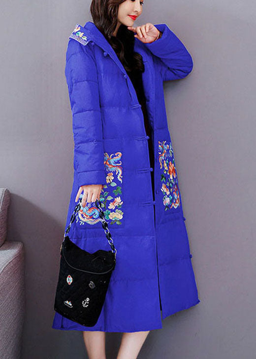 Casual Blue Embroideried hooded Fine Cotton Filled Parkas Winter