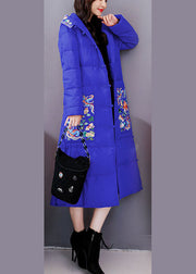 Casual Blue Embroideried hooded Fine Cotton Filled Parkas Winter