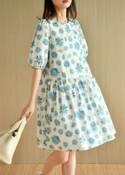 Casual Blue O-Neck Print Summer Cotton Half Sleeve Dresses - bagstylebliss