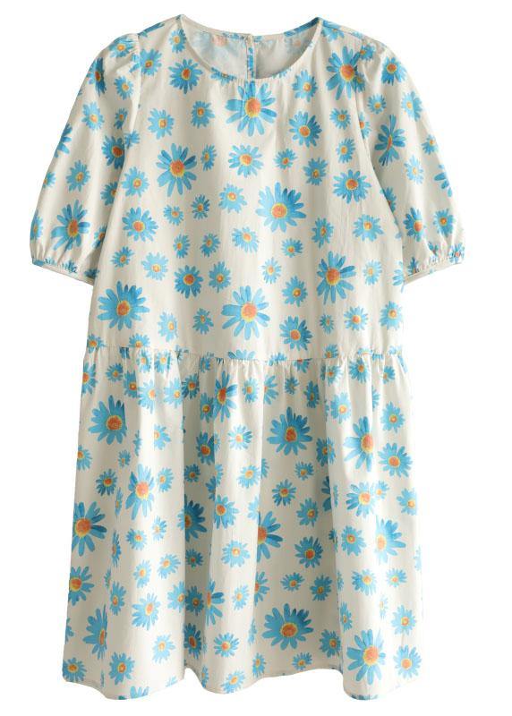 Casual Blue O-Neck Print Summer Cotton Half Sleeve Dresses - bagstylebliss