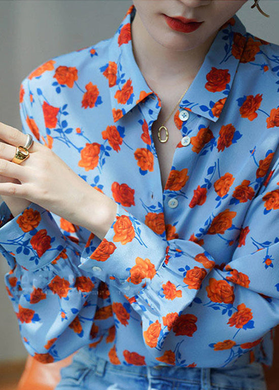 Casual Blue Peter Pan Collar Button Floral Print Chiffon Blouses Puff Sleeve