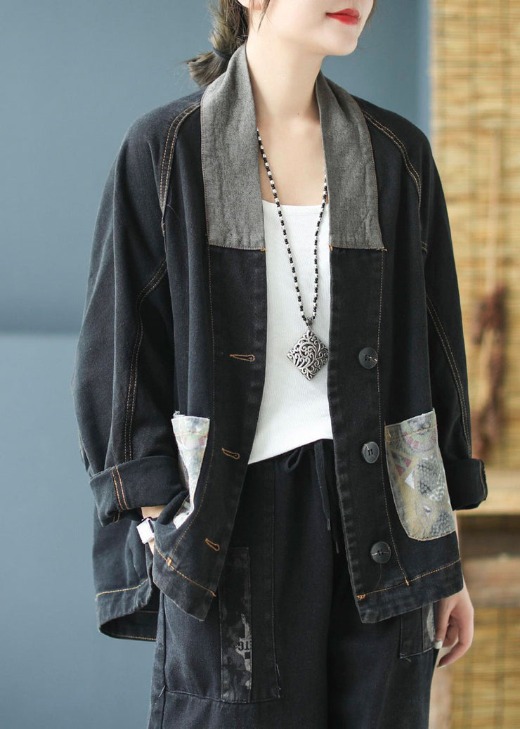 Casual Blue Pockets Button Patchwork Print Fall Denim Long sleeve Coat