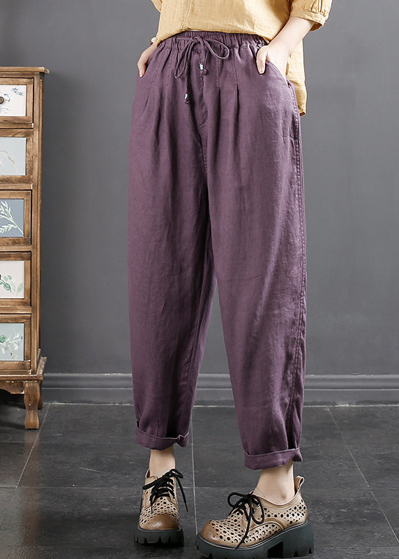 Casual Blue Pockets Cinched Elastic Waist Linen Crop Pants Fall